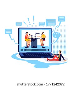 Watch conversational podcast flat concept vector illustration. Interview with journalist. Guy watch stream on laptop. Online show hosts 2D cartoon characters for web design. Video creative idea