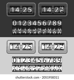 Watch in dark color and white. Set of numbers from 0 to 9 and in half turn. Vector illustration.