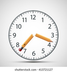 Watch dial with a broken pencil. Nervous tension and stress. Deadline. Stock vector illustration.
