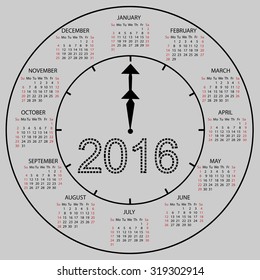 watch dial calendar 2016 new year. Week starts from Sunday