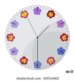 The watch dial with flowers. Summer concept. Flowers primrose  and polemonium caeruleum on the dial - the original, sleek design.
