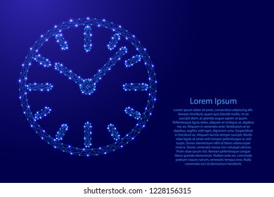 Watch dial with hands from futuristic polygonal blue lines and glowing stars for banner, poster, greeting card. Vector illustration.