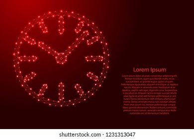 Watch dial with hands from futuristic polygonal red lines and glowing stars for banner, poster, greeting card. Vector illustration.