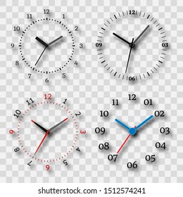 Watch dial on a transparent background with a shadow. Set of four elements. Vector illustration