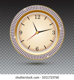 Watch with diamonds on transparent background. Icon of luxury golden clock, jewelry decoration with white dial and arrows.