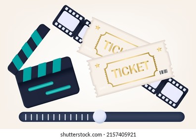 Watch drama 3d. Video broadcast of a successful film with two tickets. Access to view a movie, entrance to the cinema, concept of invitation to the premiere and purchase of ticket. Vector banner. 