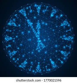 Watch face with an arrow showing the time. Low-poly stopwatch design. Blue background.	