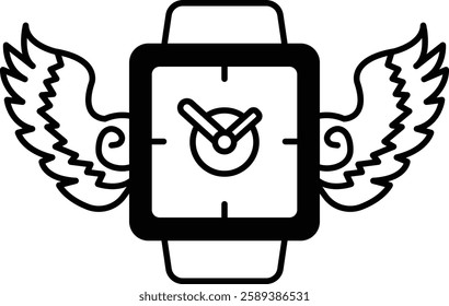 A watch with a face and hands with wings on either side