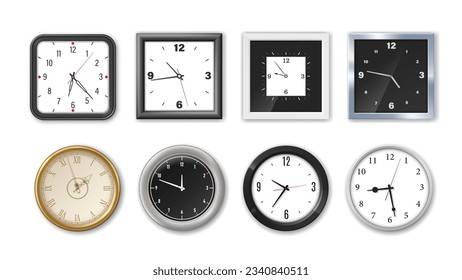 Watch face, realistic isolated wall clockwise with numerals and arrows. Isolated modern white and black, round and square 3d vector mockup. Front part of timepieces that displays the time