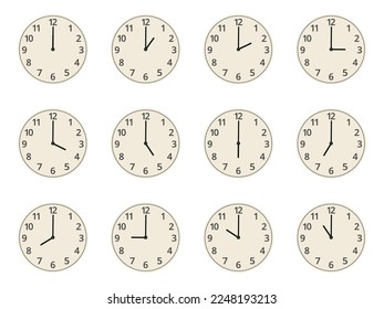 Watch faces. Cartoon clocks showing different time, round analog watch faces with numbers flat vector illustration set. Vintage clock faces