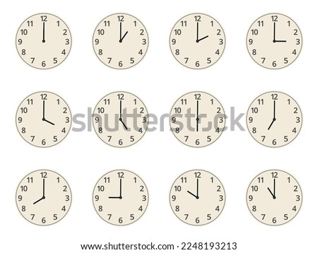 Watch faces. Cartoon clocks showing different time, round analog watch faces with numbers flat vector illustration set. Vintage clock faces