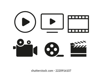 Watch films set icon. Film strip, pause and play buttons, reel, movie camera, clapperboard, slate board, series, cinema. Entertainment concept. Vector black set icon on a white background