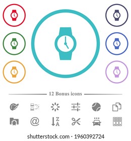 Watch flat color icons in circle shape outlines. 12 bonus icons included.