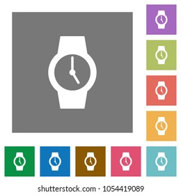 Watch flat icons on simple color square backgrounds