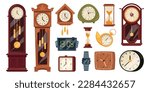 Watch flat icons set. Old retro wall clocks, pendulum watch and sand table clocks. Fashion wristwatch with electric clock face. Gold pocket watch. Color isolated illustrations