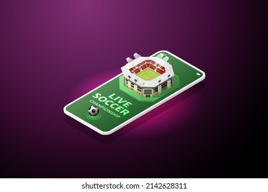 Watch football matches on your smartphone screen. Live football cup online via mobile. isometric vector illustration.