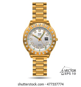 Watch gold diamonds design on white background isolated vector illustration.