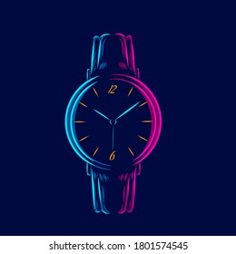 watch hand clock line pop art potrait logo colorful design with dark background. Abstract vector illustration. Isolated black background for t-shirt, poster, clothing, merch, apparel, badge design