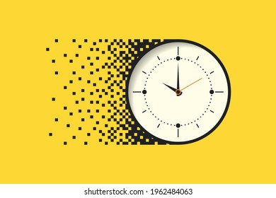 Watch. Hands of the clock, minutes of the scale, seconds. Pixel design, movement, speed. Vector illustration.