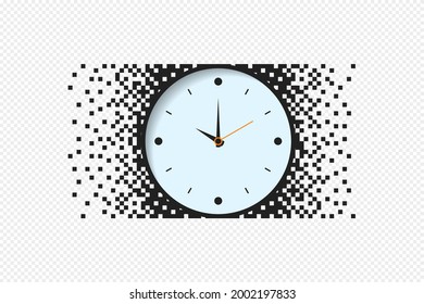Watch. Hands of the clock, minutes of the scale, seconds. Pixel design, movement, dissolution. A vector object on an isolated transparent background.