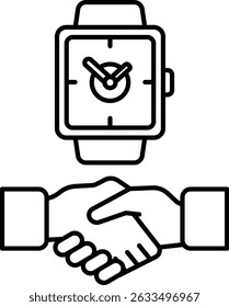 Um relógio e um aperto de mão simbolizam a importância do tempo e o valor de um bom relacionamento. O relógio representa a passagem do tempo e a necessidade de aproveitar ao máximo. Juntos