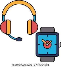 Eine Uhr und ein Headset werden zusammen gezeigt. Die Uhr ist eine Smartwatch und das Headset ist ein Headset für ein Telefon. Konzept der Vernetzung und Kommunikationsbereitschaft