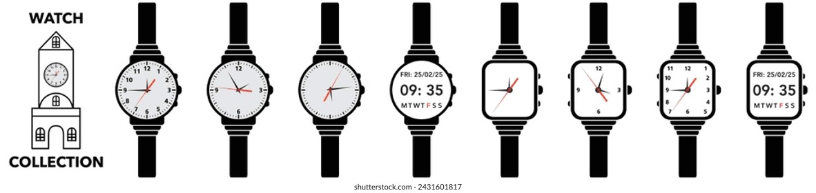 Watch icon. Classic men's and women's watches set of vector icons. Watch for businessman, fashion and and clocks collection.