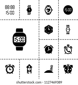 Watch icon. collection of 13 watch filled icons such as alarm, wall clock, digital time, cuckoo clock, digital clock. editable watch icons for web and mobile.