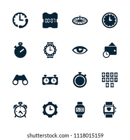 Watch icon. collection of 16 watch filled icons such as alarm, binoculars, wallet, wall clock, sundial, clock. editable watch icons for web and mobile.