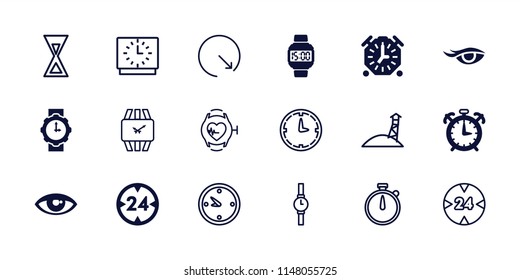 Watch icon. collection of 18 watch filled and outline icons such as 24 hour, alarm, clock, wall clock, hourglass. editable watch icons for web and mobile.