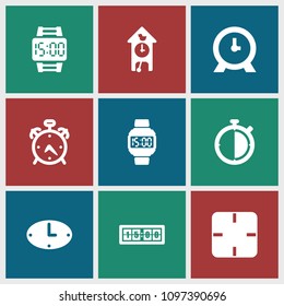 Watch icon. collection of 9 watch filled icons such as alarm, clock. editable watch icons for web and mobile.