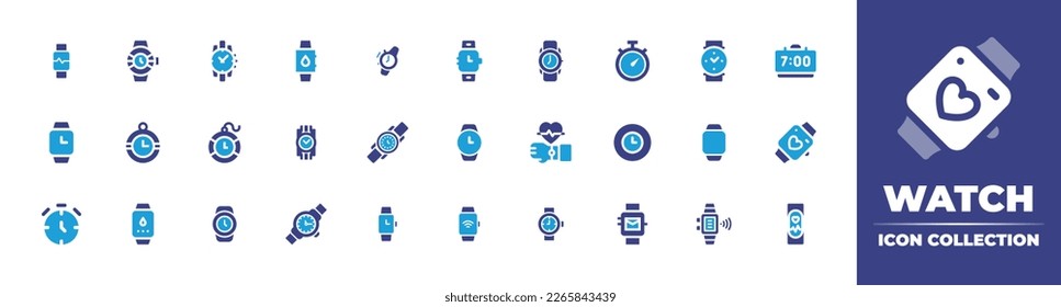 Watch icon collection. Duotone color. Vector illustration. Containing wrist watch, watches, wristwatch, smartwatch, clock, watch, alarm clock, pocket watch, wearable technology, time, smart.