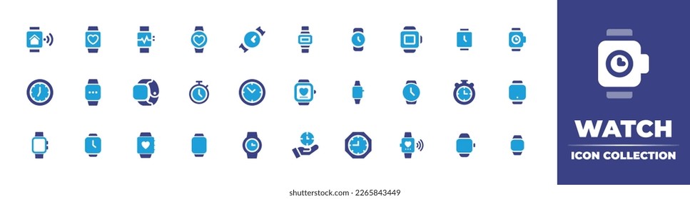 Watch icon collection. Duotone color. Vector illustration. Containing smartwatch, wristwatch, clock, wall clock, smart watch, stopwatch, wrist watch, stop watch, product.