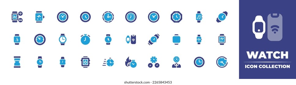 Watch icon collection. Duotone color. Vector illustration. Containing smartwatch, wall clock, clock, music, wristwatch, watch, shop, smart watch, wrist, fitness, sand clock, fire.