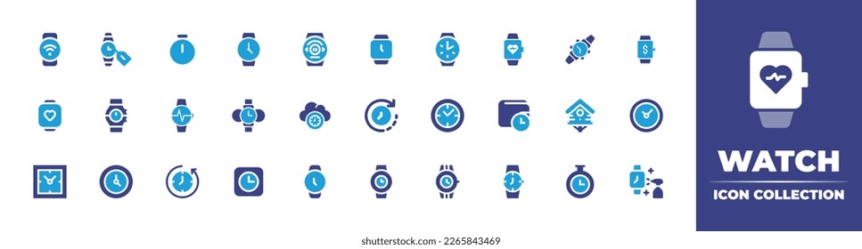 Watch icon collection. Duotone color. Vector illustration. Containing smart watch, watch, time, smartwatch, wristwatch, health, timers, clock, wallet, bird house, clocks, back in time, pocket watch.