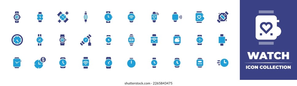 Watch icon collection. Duotone color. Vector illustration. Containing, wrist watch, smart watch, fitness watch, digital, sport, save money, wristwatch, rush.