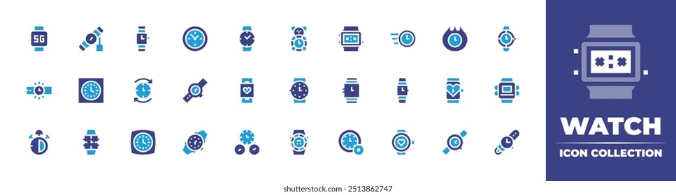 Watch icon collection. Duotone color. Vector illustration. Containing wristwatch, watch, time, smartwatch, stopwatch, clock, timemanagement, wallclock, heartratemonitor.