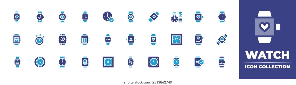 Watch icon collection. Duotone color. Vector illustration. Containing wristwatch, smartwatch, watch, alarm, time, clocks, clock, wallclock, timeismoney, notification.