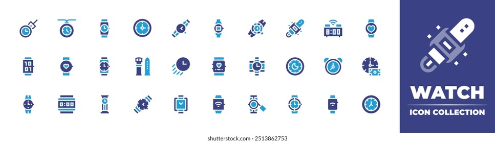 Watch icon collection. Duotone color. Vector illustration. Containing strap, fastdelivery, watch, pocketwatch, heartrate, wristwatch, clock, smartwatch, regression.