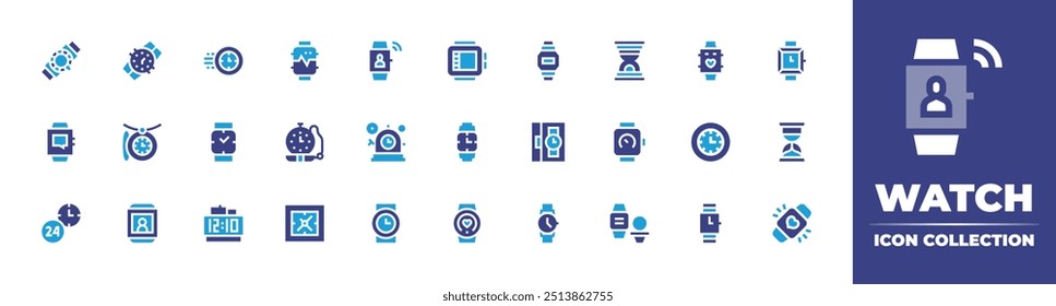 Assista à coleção de ícones. Cor duotônica. Ilustração vetorial. Contendo relógio, smartwatch, relógio de pulso, divecomputer, sandclock, relojoaria, ampulheta, wallclock.