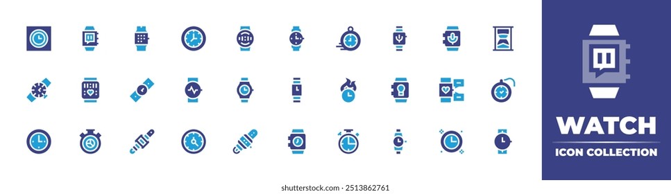 Watch icon collection. Duotone color. Vector illustration. Containing smartwatch, watch, wristwatch, timing, timer, clock, wallclock, chronometer, illumination, alarm.