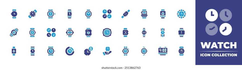 Watch icon collection. Duotone color. Vector illustration. Containing smartwatch, watch, savemoney, timemanagement, wristwatch, wallclock, timezone, time.