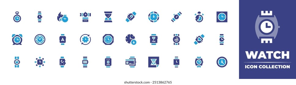 Watch icon collection. Duotone color. Vector illustration. Containing gps, fire, pocketwatch, watch, alarm, clock, hourglass, wallclock, creditcard, wristwatch, smartwatch.