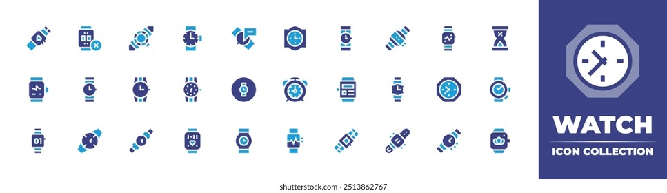 Watch icon collection. Duotone color. Vector illustration. Containing divingwatch, wristwatch, watch, sandwatch, nocontrolwatch, smartwatch, clock, alarmclock, wallclock.