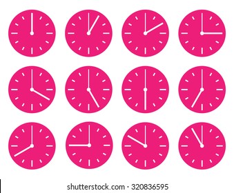 Watch icon. The dial is pink. Schedule. Timetable on day. For hours. Different time on the clock. 24 hours.  By Time