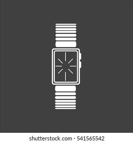 Watch icon flat. Vector white illustration isolated on black background. Flat symbol