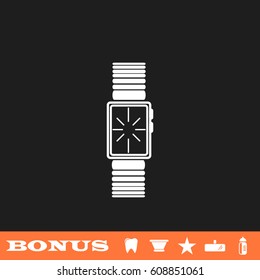 Watch icon flat. White pictogram on black background. Vector illustration symbol and bonus button tooth, vase, star, mirror, bottle