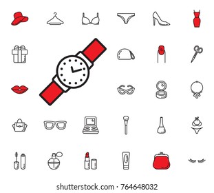 Watch icon on the white background. Beauty, Cosmetic, Shopping and Makeup Vector Icons Set . Cosmetic products, makeup brushes, lipstick, perfume, eye makeup. Women accessories. Fashion icons