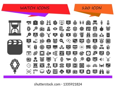 watch icon set. 120 filled watch icons.  Collection Of - Hourglass, Necklace, Video, Dive, Watch, Stopwatch, Binoculars, View, Television, Clock, Tv, Wristwatch, Manager, Smartwatch