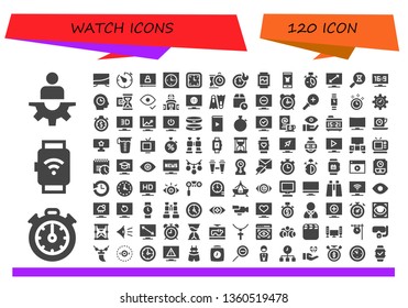 watch icon set. 120 filled watch icons.  Collection Of - Manager, Stopclock, Smartwatch, Television, Timer, Video, Clock, Wall clock, Clocks, Watch, Fashion, Sandclock, Time, Hourglass
